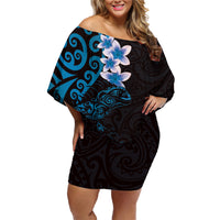 New Zealand Tuatara Plumeria Family Matching Off Shoulder Short Dress and Hawaiian Shirt Maori Blue Koru Tribal Tattoo LT01 Mom's Dress Blue - Polynesian Pride