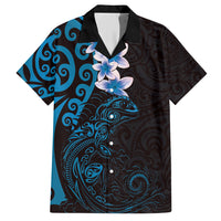 New Zealand Tuatara Plumeria Family Matching Tank Maxi Dress and Hawaiian Shirt Maori Blue Koru Tribal Tattoo LT01 Dad's Shirt - Short Sleeve Blue - Polynesian Pride