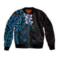 New Zealand Tuatara Plumeria Sleeve Zip Bomber Jacket Maori Blue Koru Tribal Tattoo