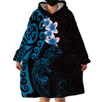 New Zealand Tuatara Plumeria Wearable Blanket Hoodie Maori Blue Koru Tribal Tattoo
