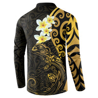 New Zealand Tuatara Plumeria Button Sweatshirt Maori Gold Koru Tribal Tattoo