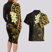 New Zealand Tuatara Plumeria Couples Matching Long Sleeve Bodycon Dress and Hawaiian Shirt Maori Gold Koru Tribal Tattoo
