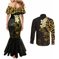 New Zealand Tuatara Plumeria Couples Matching Mermaid Dress and Long Sleeve Button Shirt Maori Gold Koru Tribal Tattoo