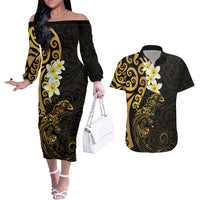 New Zealand Tuatara Plumeria Couples Matching Off The Shoulder Long Sleeve Dress and Hawaiian Shirt Maori Gold Koru Tribal Tattoo