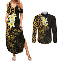 New Zealand Tuatara Plumeria Couples Matching Summer Maxi Dress and Long Sleeve Button Shirt Maori Gold Koru Tribal Tattoo LT01 Gold - Polynesian Pride