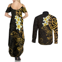 New Zealand Tuatara Plumeria Couples Matching Summer Maxi Dress and Long Sleeve Button Shirt Maori Gold Koru Tribal Tattoo LT01 - Polynesian Pride