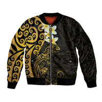 New Zealand Tuatara Plumeria Sleeve Zip Bomber Jacket Maori Gold Koru Tribal Tattoo