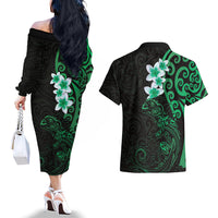 New Zealand Tuatara Plumeria Couples Matching Off The Shoulder Long Sleeve Dress and Hawaiian Shirt Maori Green Koru Tribal Tattoo