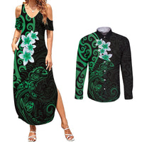 New Zealand Tuatara Plumeria Couples Matching Summer Maxi Dress and Long Sleeve Button Shirt Maori Green Koru Tribal Tattoo LT01 Green - Polynesian Pride