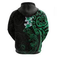 New Zealand Tuatara Plumeria Zip Hoodie Maori Green Koru Tribal Tattoo