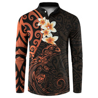 New Zealand Tuatara Plumeria Button Sweatshirt Maori Orange Koru Tribal Tattoo