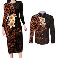 New Zealand Tuatara Plumeria Couples Matching Long Sleeve Bodycon Dress and Long Sleeve Button Shirt Maori Orange Koru Tribal Tattoo