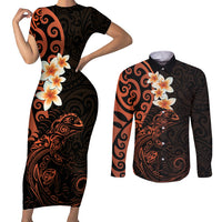 New Zealand Tuatara Plumeria Couples Matching Short Sleeve Bodycon Dress and Long Sleeve Button Shirt Maori Orange Koru Tribal Tattoo
