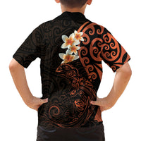 New Zealand Tuatara Plumeria Family Matching Off Shoulder Short Dress and Hawaiian Shirt Maori Orange Koru Tribal Tattoo LT01 - Polynesian Pride