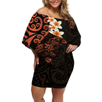 New Zealand Tuatara Plumeria Off Shoulder Short Dress Maori Orange Koru Tribal Tattoo LT01 Women Orange - Polynesian Pride