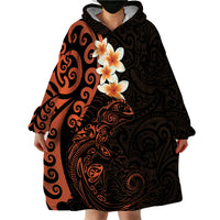 New Zealand Tuatara Plumeria Wearable Blanket Hoodie Maori Orange Koru Tribal Tattoo