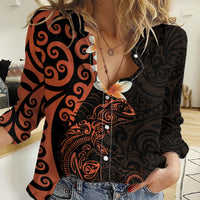 New Zealand Tuatara Plumeria Women Casual Shirt Maori Orange Koru Tribal Tattoo