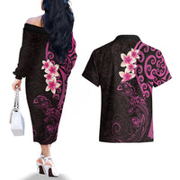 New Zealand Tuatara Plumeria Couples Matching Off The Shoulder Long Sleeve Dress and Hawaiian Shirt Maori Pink Koru Tribal Tattoo