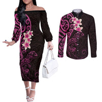 New Zealand Tuatara Plumeria Couples Matching Off The Shoulder Long Sleeve Dress and Long Sleeve Button Shirt Maori Pink Koru Tribal Tattoo