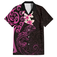 New Zealand Tuatara Plumeria Family Matching Off Shoulder Short Dress and Hawaiian Shirt Maori Pink Koru Tribal Tattoo LT01 Dad's Shirt - Short Sleeve Pink - Polynesian Pride