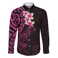 New Zealand Tuatara Plumeria Family Matching Tank Maxi Dress and Hawaiian Shirt Maori Pink Koru Tribal Tattoo LT01 Dad's Shirt - Long Sleeve Pink - Polynesian Pride