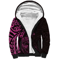 New Zealand Tuatara Plumeria Sherpa Hoodie Maori Pink Koru Tribal Tattoo