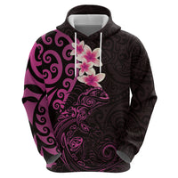 New Zealand Tuatara Plumeria Zip Hoodie Maori Pink Koru Tribal Tattoo