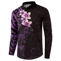 New Zealand Tuatara Plumeria Button Sweatshirt Maori Purple Koru Tribal Tattoo