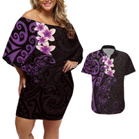 New Zealand Tuatara Plumeria Couples Matching Off Shoulder Short Dress and Hawaiian Shirt Maori Purple Koru Tribal Tattoo