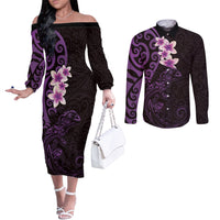 New Zealand Tuatara Plumeria Couples Matching Off The Shoulder Long Sleeve Dress and Long Sleeve Button Shirt Maori Purple Koru Tribal Tattoo