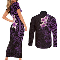 New Zealand Tuatara Plumeria Couples Matching Short Sleeve Bodycon Dress and Long Sleeve Button Shirt Maori Purple Koru Tribal Tattoo