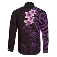 New Zealand Tuatara Plumeria Family Matching Long Sleeve Bodycon Dress and Hawaiian Shirt Maori Purple Koru Tribal Tattoo LT01 - Polynesian Pride
