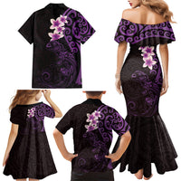 New Zealand Tuatara Plumeria Family Matching Mermaid Dress and Hawaiian Shirt Maori Purple Koru Tribal Tattoo