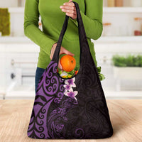 New Zealand Tuatara Plumeria Grocery Bag Maori Purple Koru Tribal Tattoo