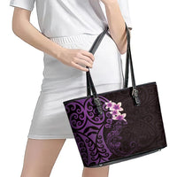 New Zealand Tuatara Plumeria Leather Tote Bag Maori Purple Koru Tribal Tattoo