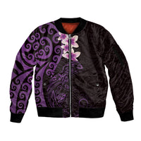 New Zealand Tuatara Plumeria Sleeve Zip Bomber Jacket Maori Purple Koru Tribal Tattoo
