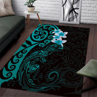 New Zealand Tuatara Plumeria Area Rug Maori Teal Koru Tribal Tattoo