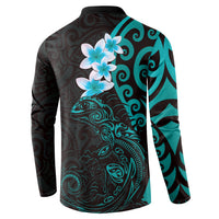 New Zealand Tuatara Plumeria Button Sweatshirt Maori Teal Koru Tribal Tattoo