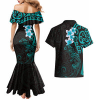 New Zealand Tuatara Plumeria Couples Matching Mermaid Dress and Hawaiian Shirt Maori Teal Koru Tribal Tattoo