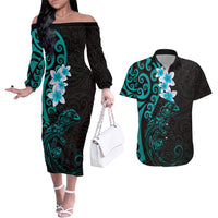 New Zealand Tuatara Plumeria Couples Matching Off The Shoulder Long Sleeve Dress and Hawaiian Shirt Maori Teal Koru Tribal Tattoo