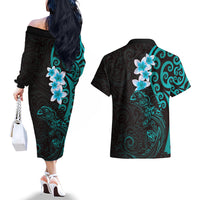 New Zealand Tuatara Plumeria Couples Matching Off The Shoulder Long Sleeve Dress and Hawaiian Shirt Maori Teal Koru Tribal Tattoo