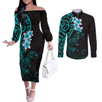New Zealand Tuatara Plumeria Couples Matching Off The Shoulder Long Sleeve Dress and Long Sleeve Button Shirt Maori Teal Koru Tribal Tattoo