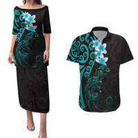 New Zealand Tuatara Plumeria Couples Matching Puletasi and Hawaiian Shirt Maori Teal Koru Tribal Tattoo