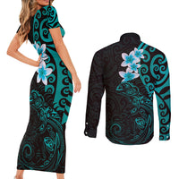 New Zealand Tuatara Plumeria Couples Matching Short Sleeve Bodycon Dress and Long Sleeve Button Shirt Maori Teal Koru Tribal Tattoo