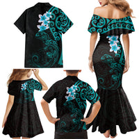 New Zealand Tuatara Plumeria Family Matching Mermaid Dress and Hawaiian Shirt Maori Teal Koru Tribal Tattoo
