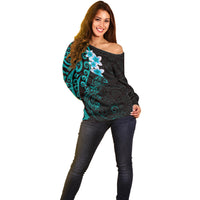 New Zealand Tuatara Plumeria Off Shoulder Sweater Maori Teal Koru Tribal Tattoo
