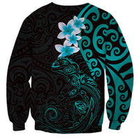 New Zealand Tuatara Plumeria Sweatshirt Maori Teal Koru Tribal Tattoo