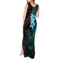 New Zealand Tuatara Plumeria Tank Maxi Dress Maori Teal Koru Tribal Tattoo