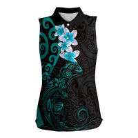 New Zealand Tuatara Plumeria Women Sleeveless Polo Shirt Maori Teal Koru Tribal Tattoo
