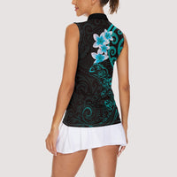 New Zealand Tuatara Plumeria Women Sleeveless Polo Shirt Maori Teal Koru Tribal Tattoo
